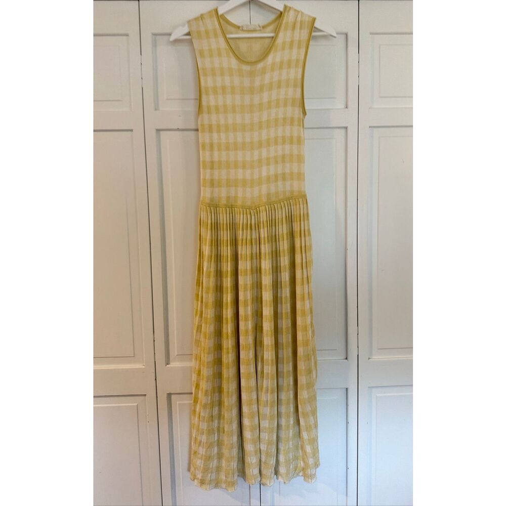 Everlane the knit yellow gingham pleated midi dress small - Picture 3 of 11
